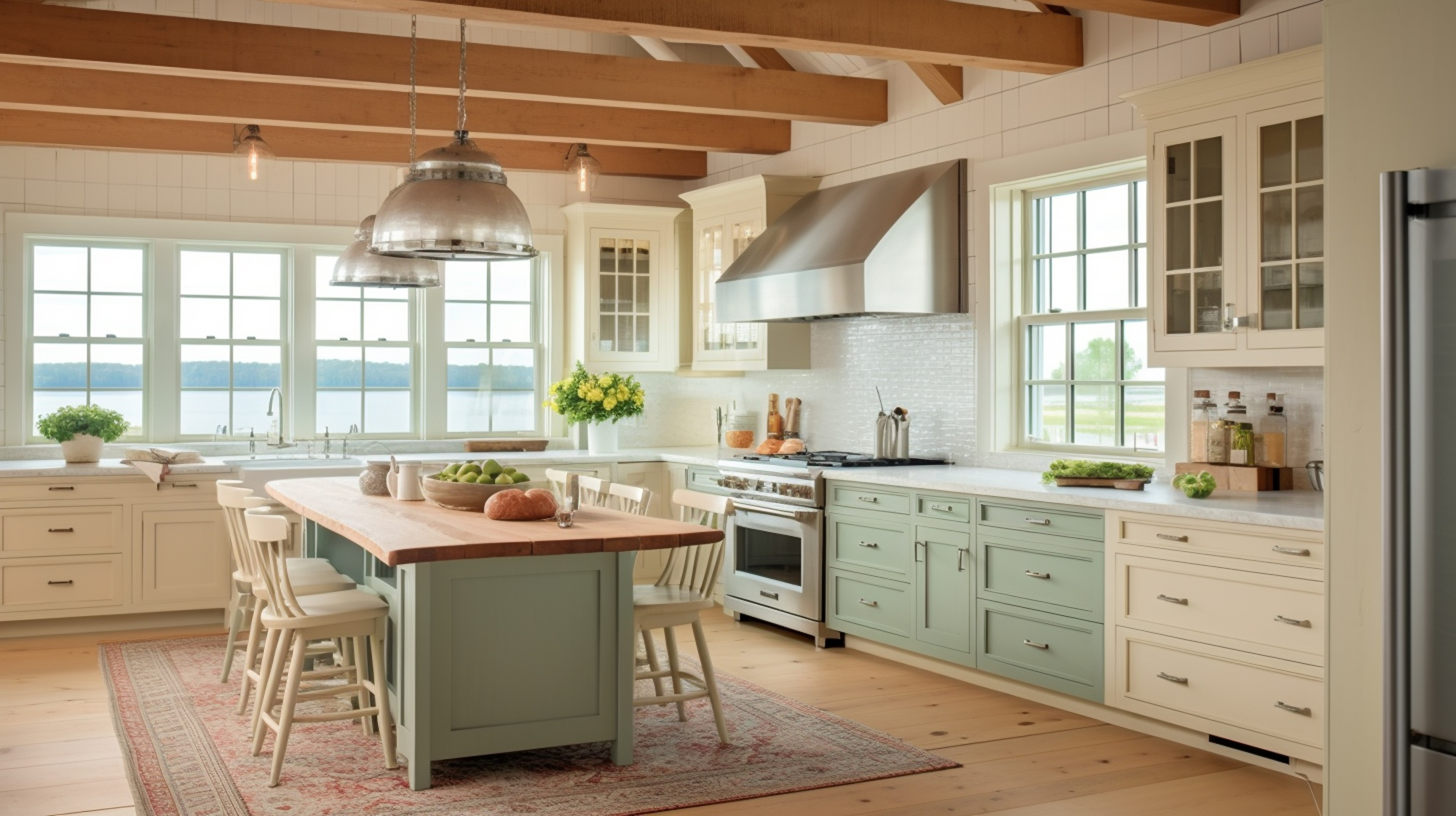 Bright and airy farmhouse-style kitchen with exposed wood beams, mint green and cream cabinetry, a large wooden island with bar stools, industrial pendant lights, and large windows overlooking a lake.