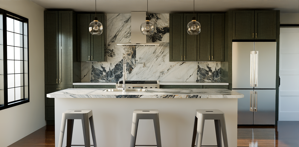 Kitchen interior design featuring a marble island with gray bar stools, dark green cabinetry, stainless steel appliances, pendant lighting, and natural wood flooring illuminated by sunlight from a large window.