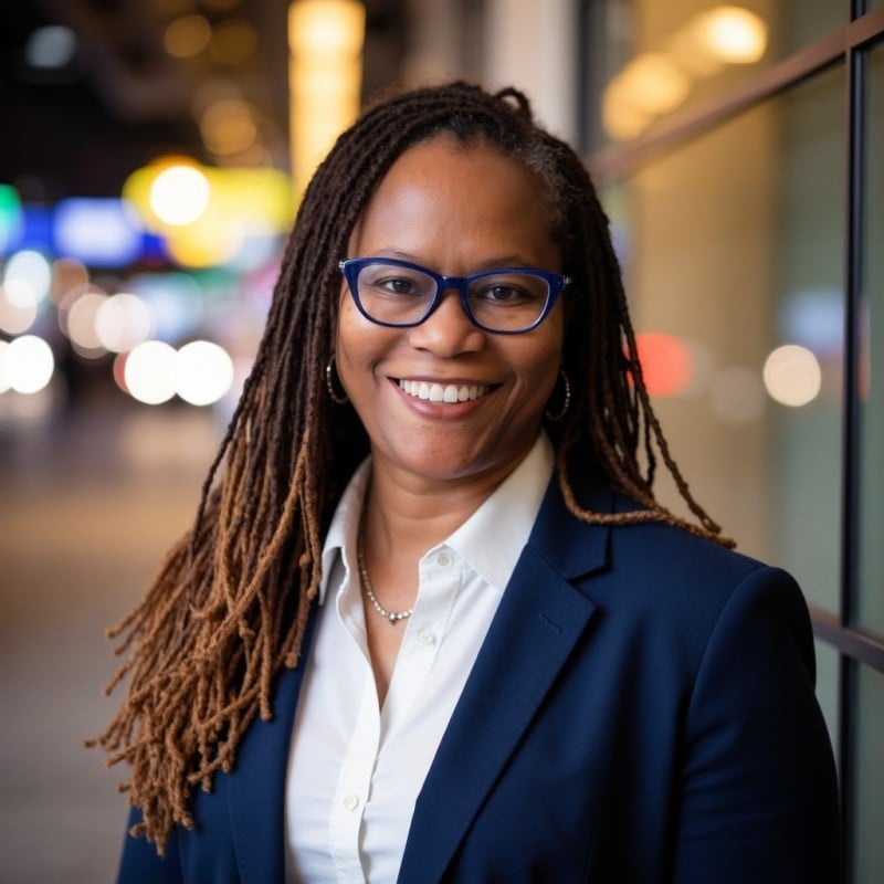 Smiling professional woman with long dreadlocks and blue glasses, wearing a navy blazer and white shirt, standing in a well-lit urban setting at night.