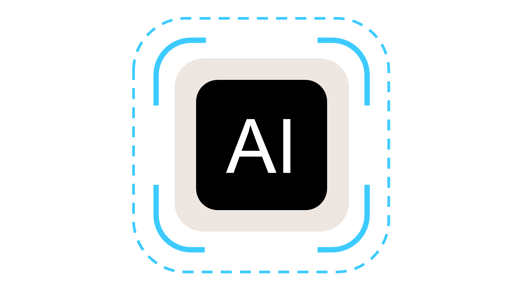 Minimalist icon featuring the letters "AI" in white centered on a black rounded square. The square is framed by a beige border with four inward-facing curves, all surrounded by dashed and solid lines forming a layered, tech-inspired design.