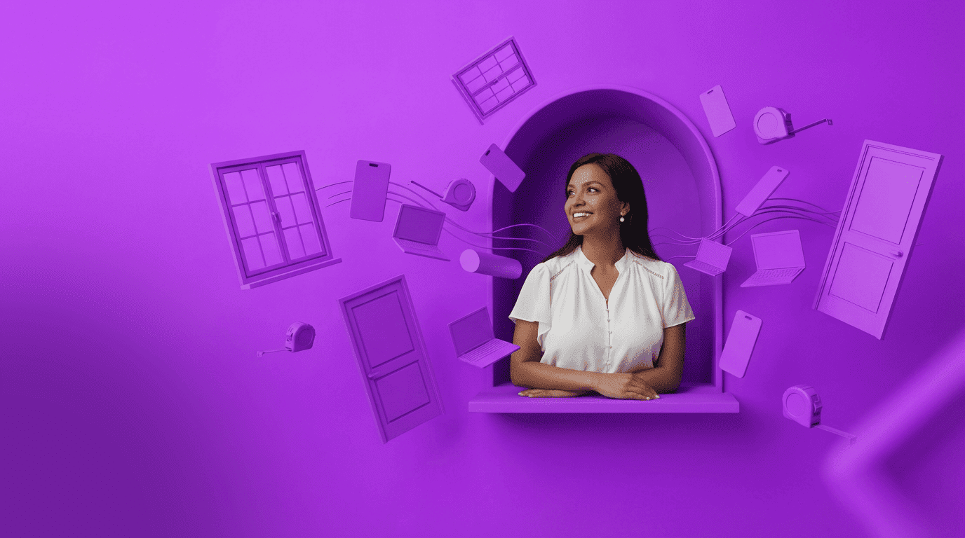 A woman seated in a window, with numerous windows around her