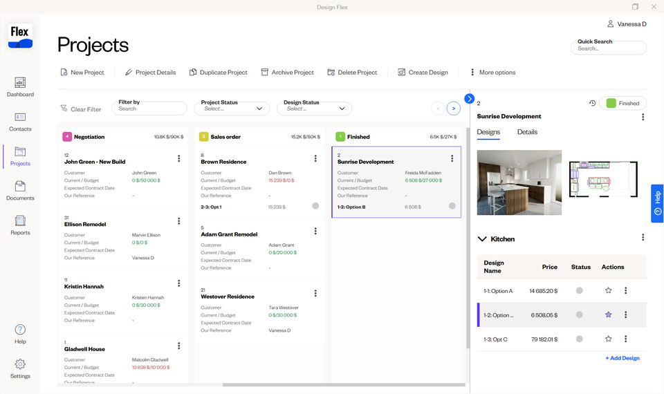 Visual representation of the Design Flex projects dashboard