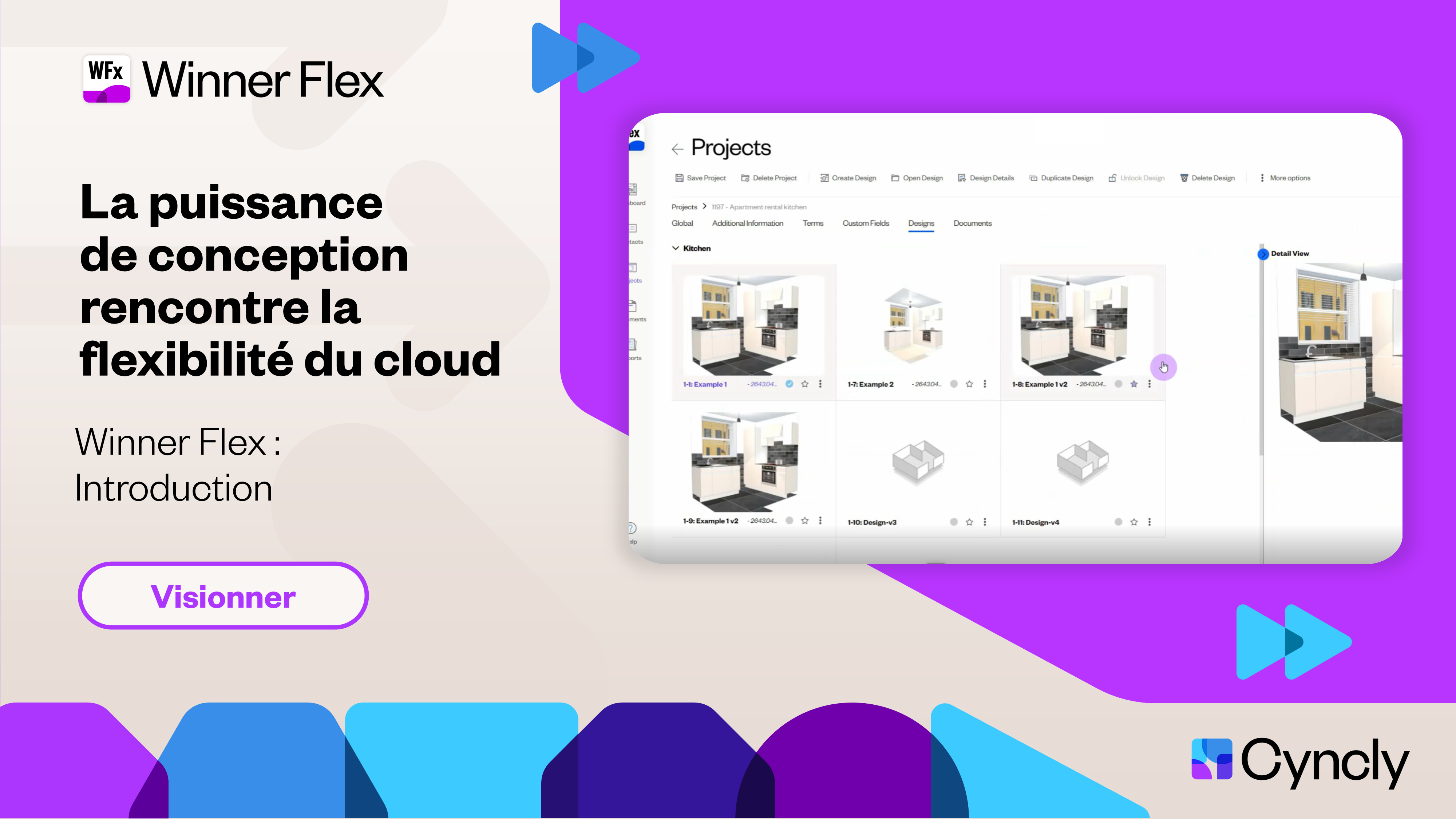 Une image promotionnelle en français pour Winner Flex, avec le titre "La puissance de conception rencontre la flexibilité du cloud". L'image présente l'interface de projet Winner Flex avec des designs de cuisine et inclut un bouton d'appel à l'action qui indique "Visionner".