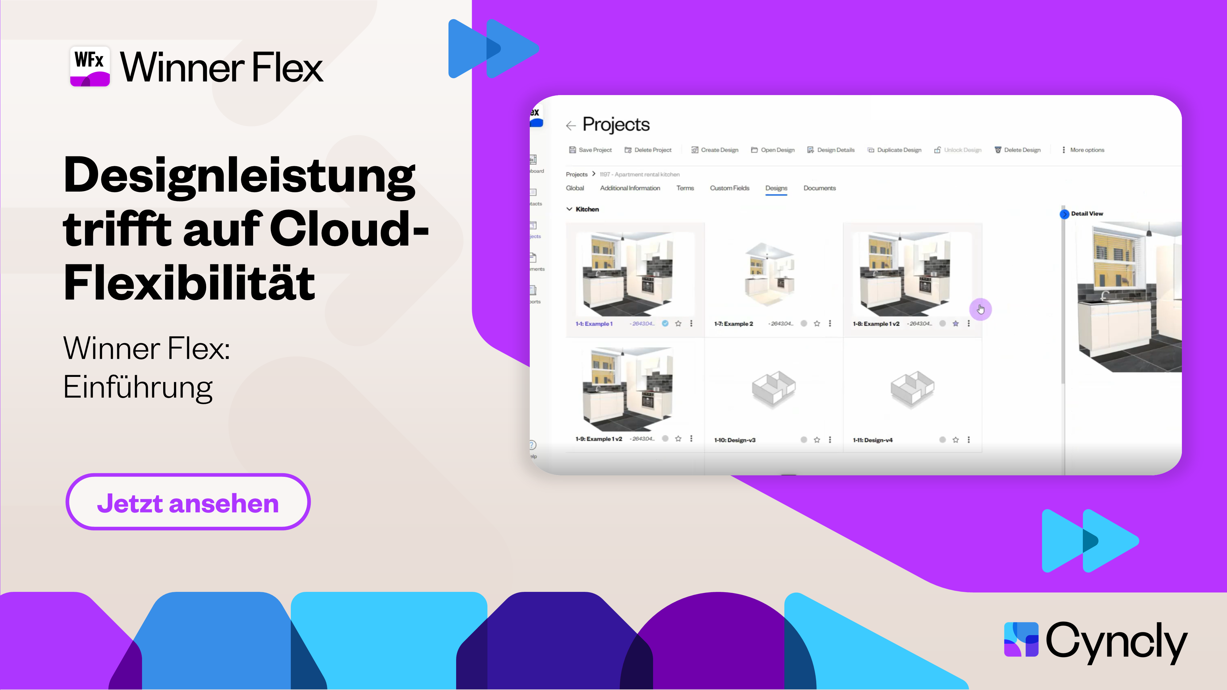 Ein Werbegrafik auf Deutsch für Winner Flex mit der Überschrift "Designleistung trifft auf Cloud-Flexibilität". Das Bild zeigt die Winner Flex Projektoberfläche mit Küchenentwurfsoptionen und einem Call-to-Action-Button mit der Aufschrift "Jetzt ansehen"
