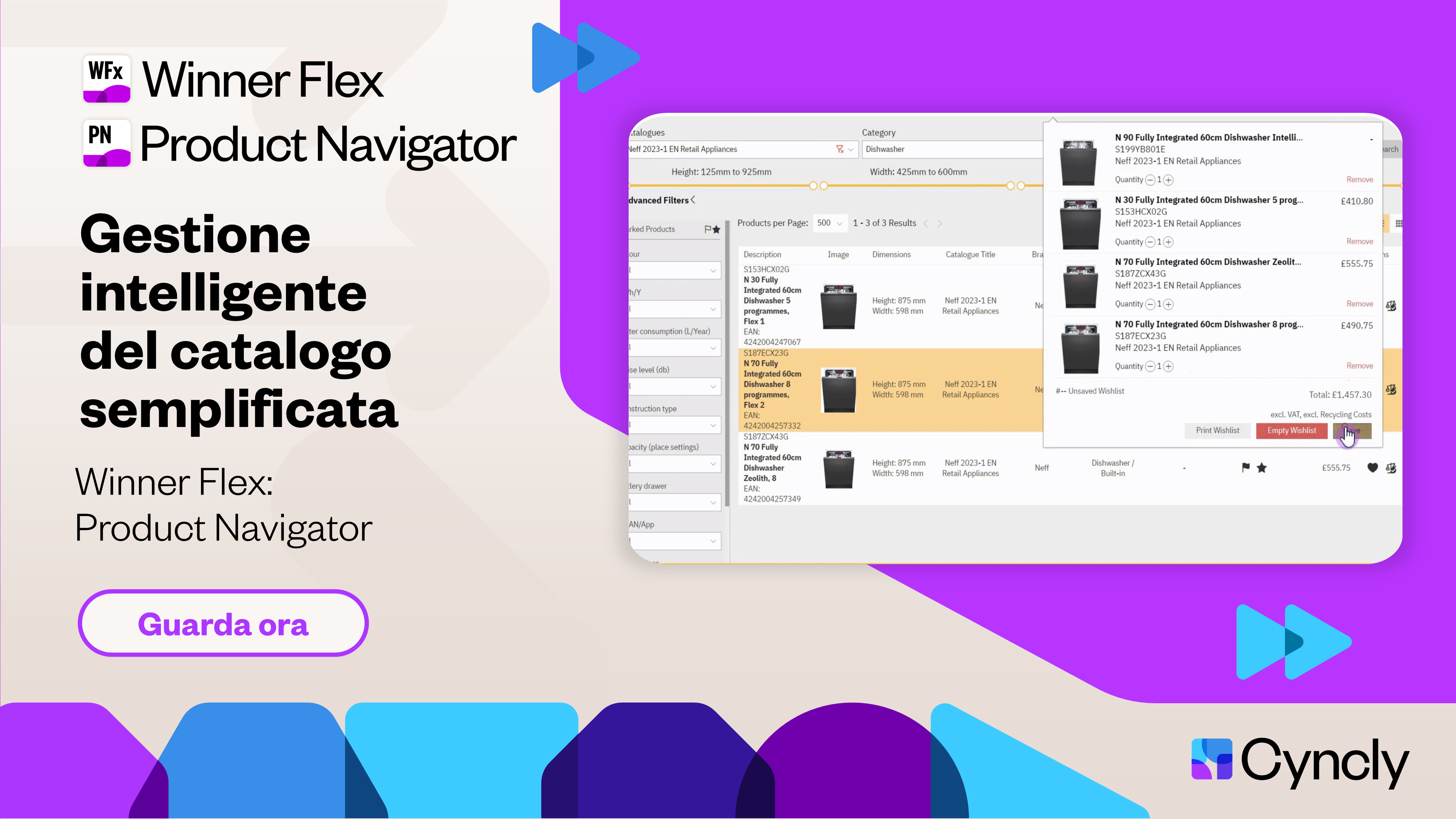 Un'immagine promozionale in italiano per Winner Flex, intitolata "Gestione intelligente del catalogo semplificata". L'immagine mette in evidenza la funzionalità Product Navigator di Winner Flex, mostrando un'interfaccia di ricerca del catalogo con filtri e prodotti di lavastoviglie. Include un pulsante di invito all'azione con la scritta "Guarda ora"