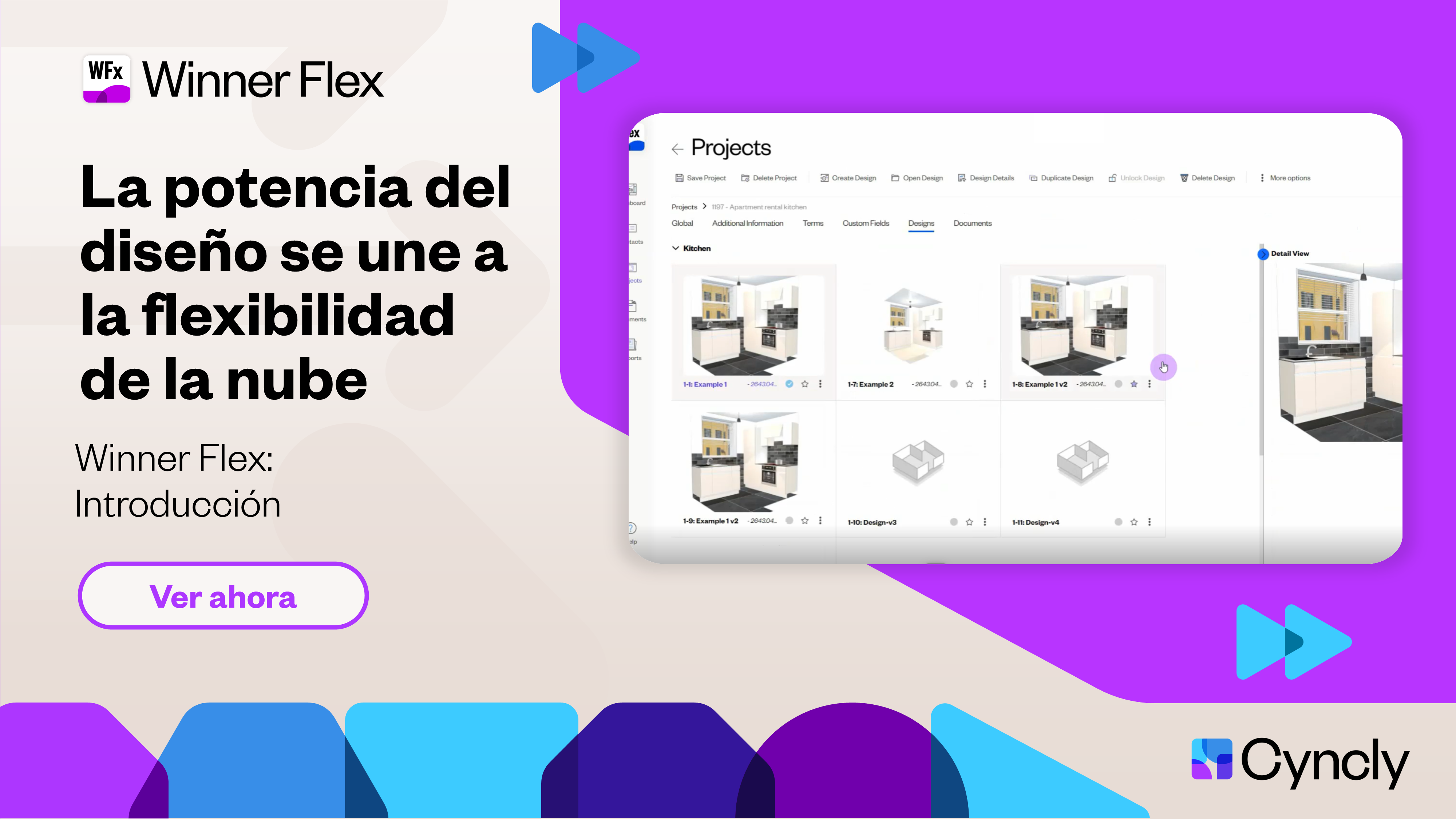Un gráfico promocional en español para Winner Flex, con el titular "La potencia del diseño se une a la flexibilidad de la nube". La imagen muestra una vista previa de la interfaz de proyectos de Winner Flex con diseños de cocina e incluye un botón de llamada a la acción que dice "Ver ahora